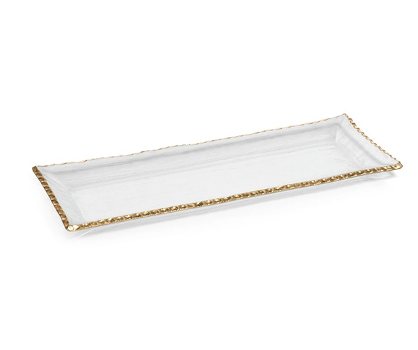 Clear Textured Rectangular Tray with Jagged Gold Rim - Large