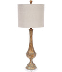AGED GOLD WITH PATINA LAMP WITH LUCITE BASE & NATURAL LINEN SHADE