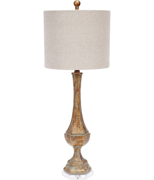 AGED GOLD WITH PATINA LAMP WITH LUCITE BASE & NATURAL LINEN SHADE
