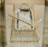 Clear Textured Rectangular Tray with Jagged Gold Rim - Large