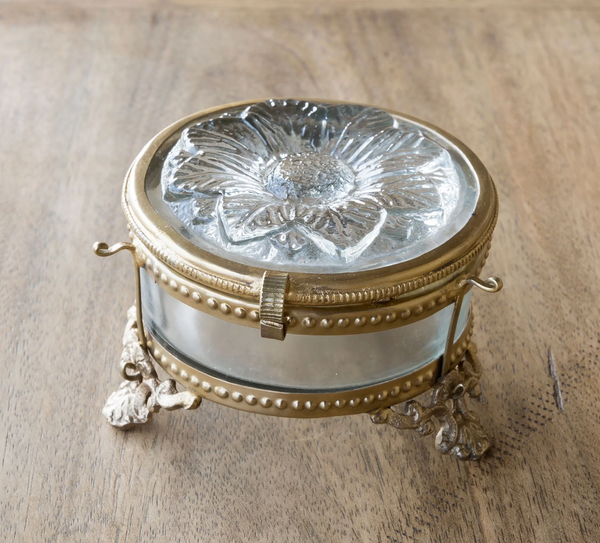 Embossed Glass Flower Box with Antique Brass Trim