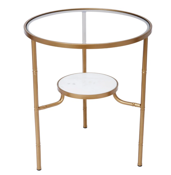 SOMERVILLE GOLD AND WHITE MARBLE ACCENT TABLE WITH GLASS TOP