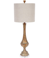 AGED GOLD WITH PATINA LAMP WITH LUCITE BASE & NATURAL LINEN SHADE