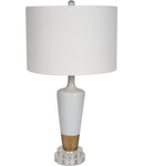 CERAMIC WHITE & GOLD LEAF TABLE LAMP ON LUCITE BASE WITH WHITE LINEN SHADE