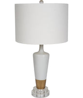 CERAMIC WHITE & GOLD LEAF TABLE LAMP ON LUCITE BASE WITH WHITE LINEN SHADE