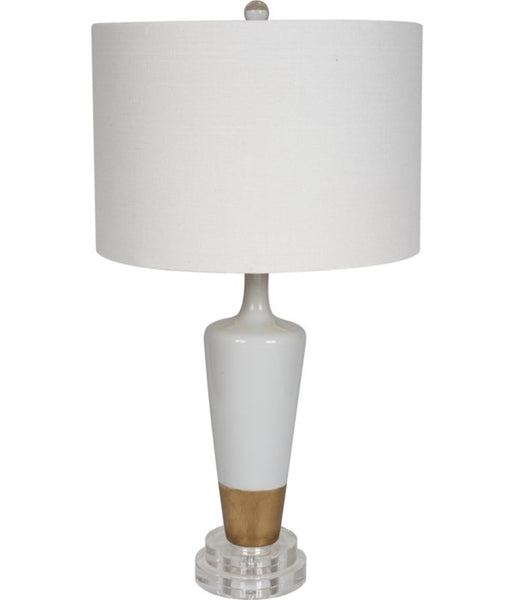 CERAMIC WHITE & GOLD LEAF TABLE LAMP ON LUCITE BASE WITH WHITE LINEN SHADE
