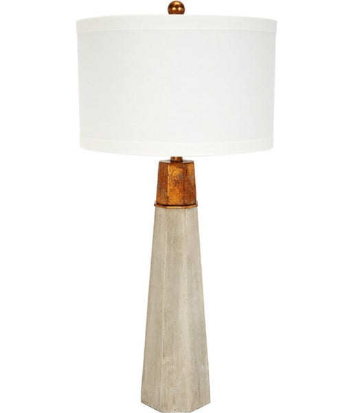 CEMENT FINISHED HEXAGONAL TABLE LAMP W/ GOLD ACCENT & BARREL SHADE