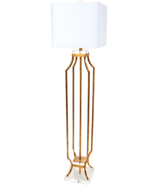 ELISE GOLD METAL FLOOR LAMP WITH LUCITE BASE & WHITE LINEN SHADE